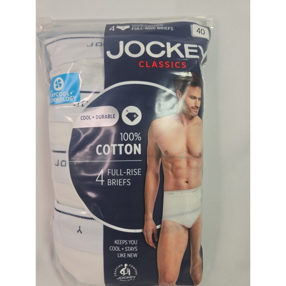 Jockey Classics Briefs Mens 40 White 4 Pack 100% Cotton Full Rise Underwear New